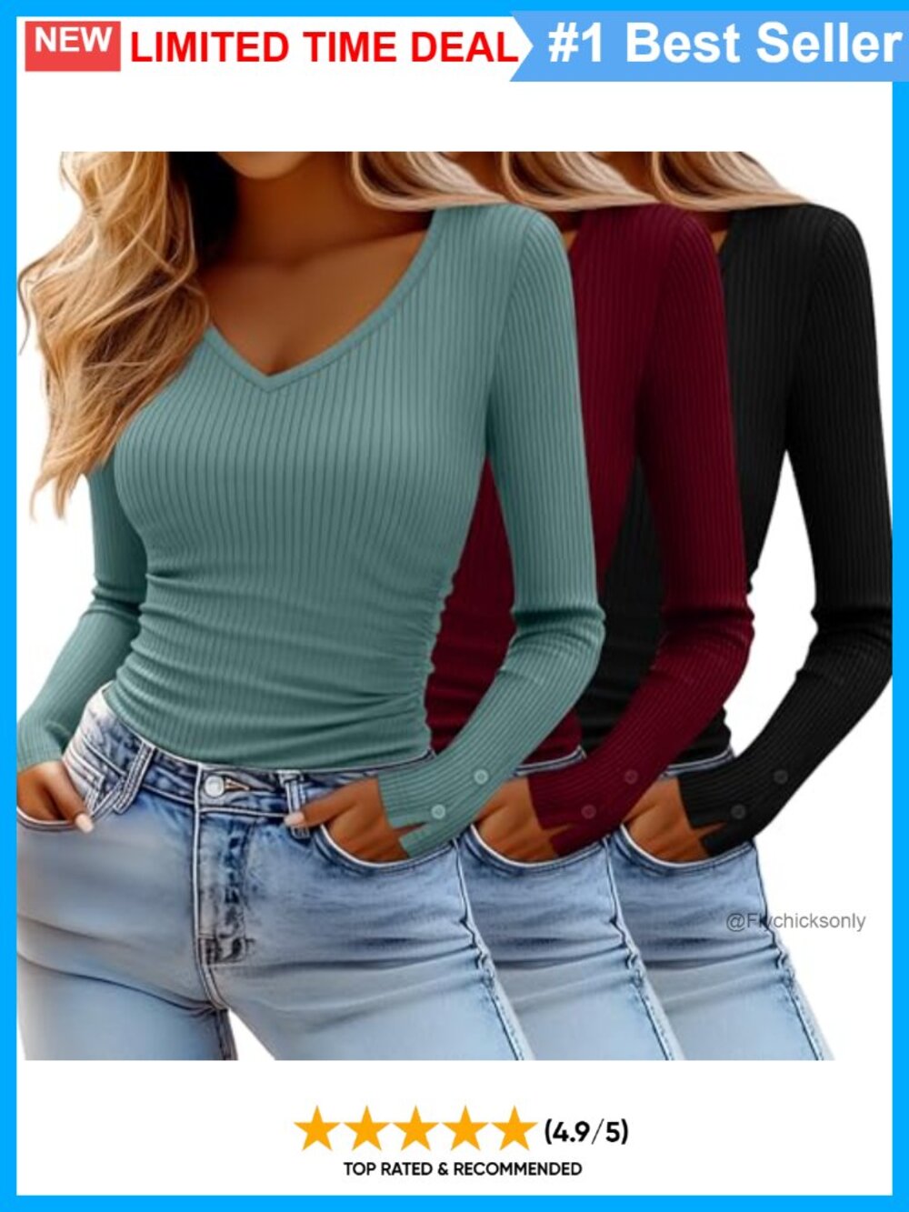 Ribbed V-Neck Long Sleeve Slim Fit Tops Side Ruching 3 Pack